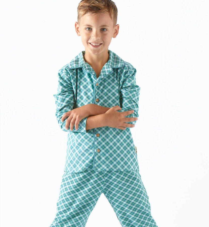 Little Label geruite pyjama van biologisch katoen blauw Jongens Stretchkatoen Klassieke kraag 158 164