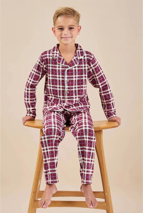 Little Label geruite pyjama donkerrood Jongens Stretchkatoen Klassieke kraag maat 158-164 - Foto 3