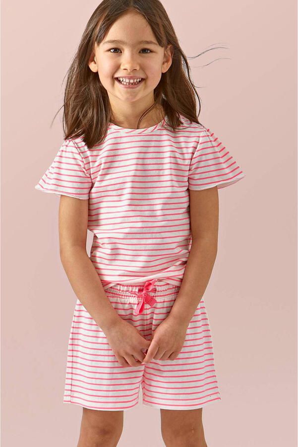 Little Label gestreepte shortama van katoen roze wit Meisjes Stretchkatoen Ronde hals 110 - Foto 3