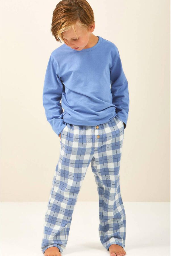 Little Label pyjama met geruite broek Blauw Jongens Stretchkatoen Ronde hals