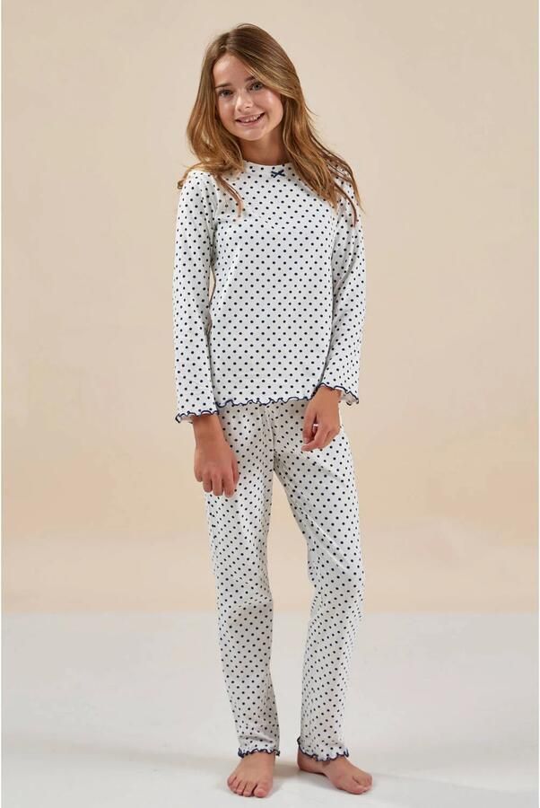 Little Label pyjama met stippen wit donkerblauw Meisjes Stretchkatoen Ronde hals maat 110-116