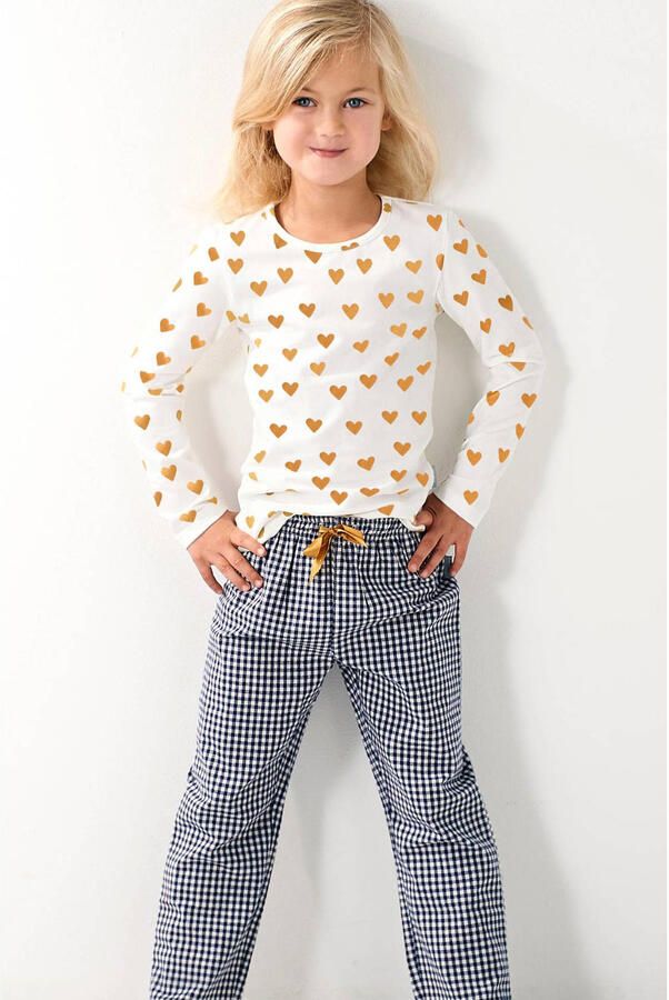 Little Label pyjama van biologisch katoen wit blauw geel Meisjes Stretchkatoen (duurzaam) Ronde hals 134 140