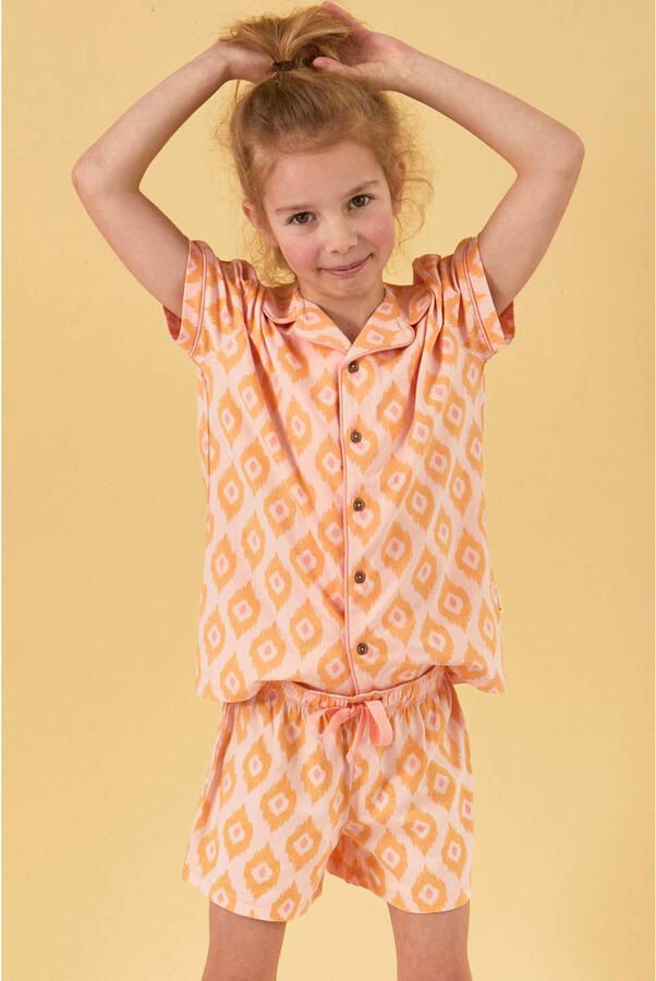 Little Label shortama met all over print oranje Meisjes Stretchkatoen Klassieke kraag 134 140