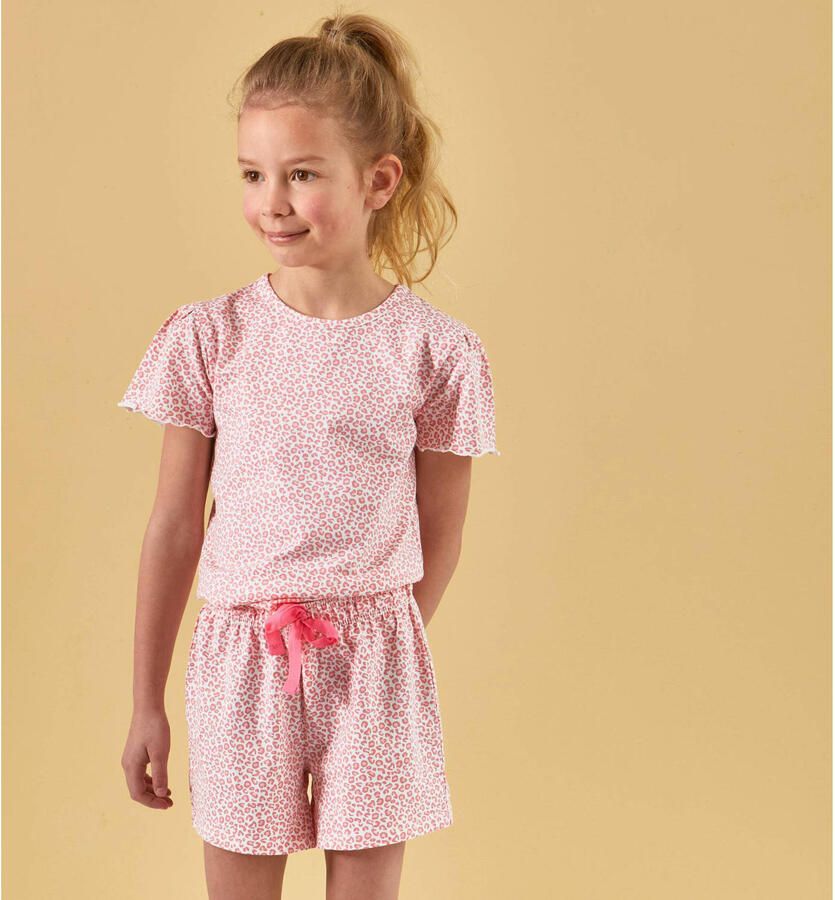 Little Label shortama met panterprint roze Meisjes Stretchkatoen Ronde hals 110 116