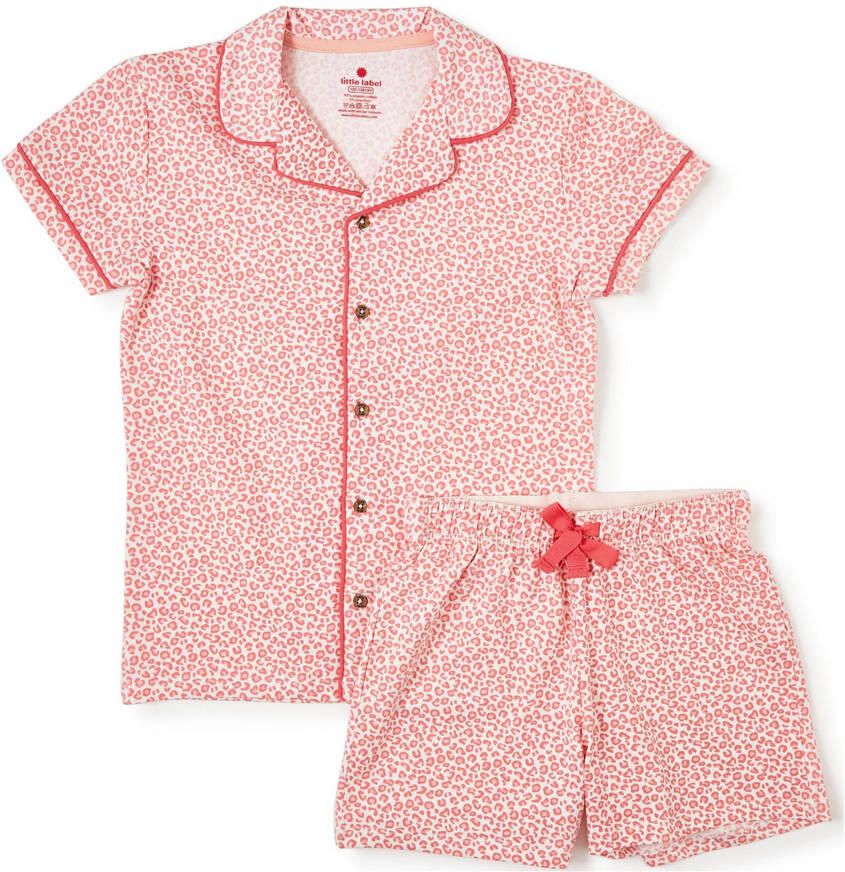 Little Label shortama met panterprint roze Meisjes Stretchkatoen Klassieke kraag 110 116