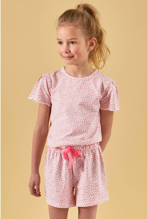 Little Label shortama met panterprint roze Meisjes Stretchkatoen Ronde hals 110 116 - Foto 2