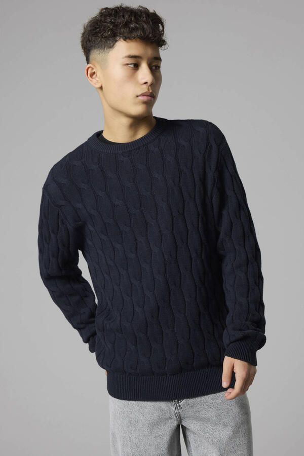 LMTD katoenen gebreide trui met kabels donkerblauw