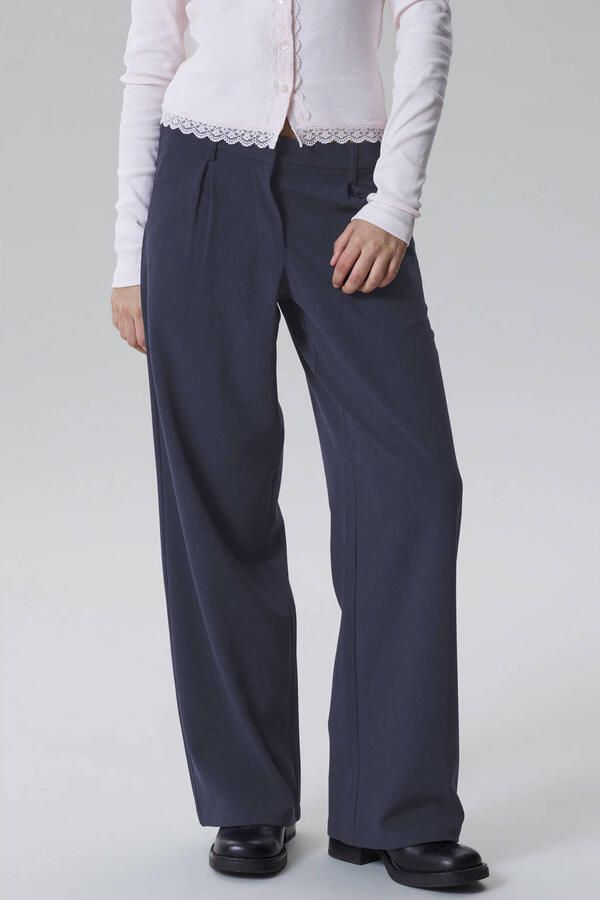 LMTD wide leg casual broek met plooien donkerblauw