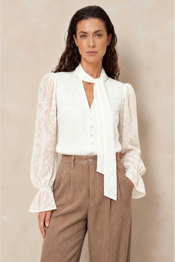 Lofty Manner jacquard blouse met ruches ecru