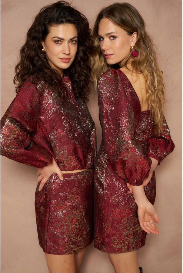 Lofty Manner jacquard bomberjack met glitters en print rood - Foto 3