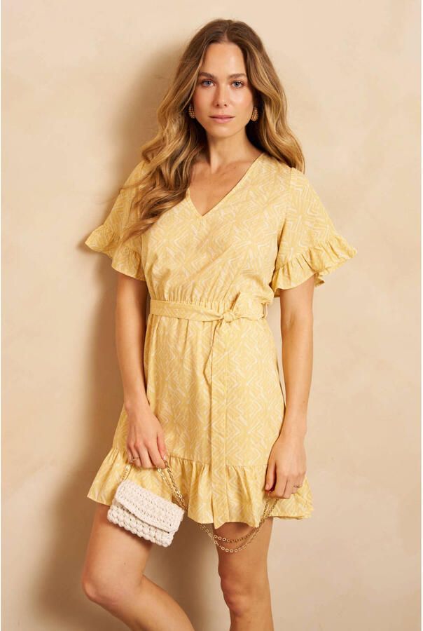 Lofty Manner korte zomerjurk met ruches en print geel