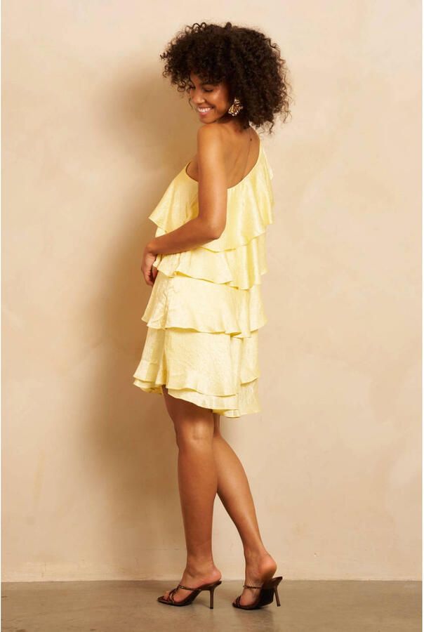 Lofty Manner one shoulder jurk met ruches geel - Foto 2