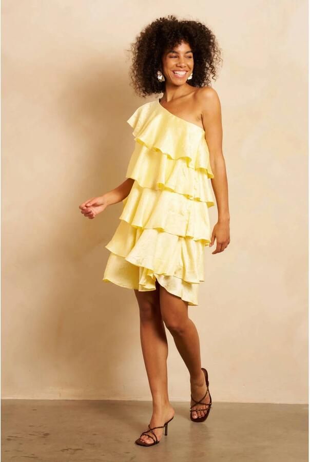 Lofty Manner one shoulder jurk met ruches geel - Foto 3