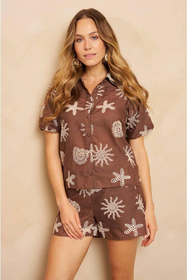 Lofty Manner regular fit casual short met borduursels bruin