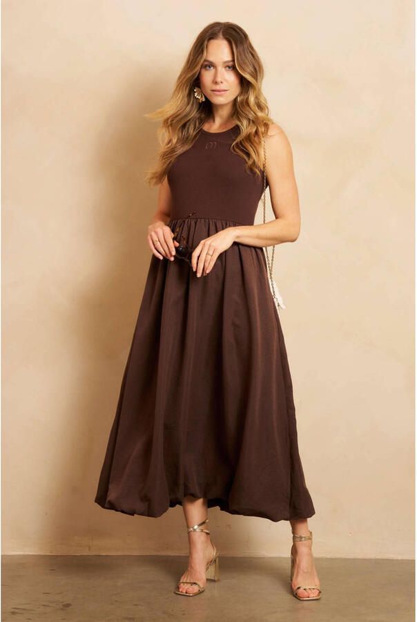 Lofty Manner viscose maxi a-lijn jurk met plooien en logo bruin