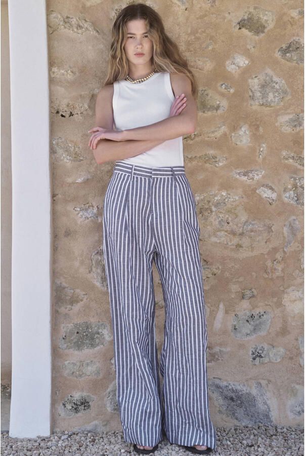 Lois wide leg high waist gestreepte broek met linnen antraciet - Foto 2