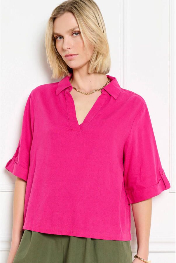 LOLALIZA blouse met linnen fuchsia - Foto 3