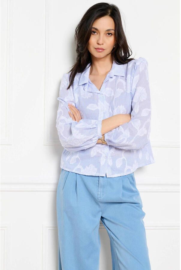 LOLALIZA gebloemde blouse met krijtstreep lichtblauw - Foto 2