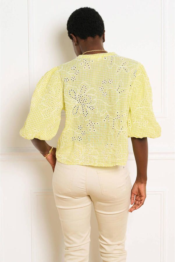 LOLALIZA gebloemde geruit top broderie lichtgeel - Foto 3