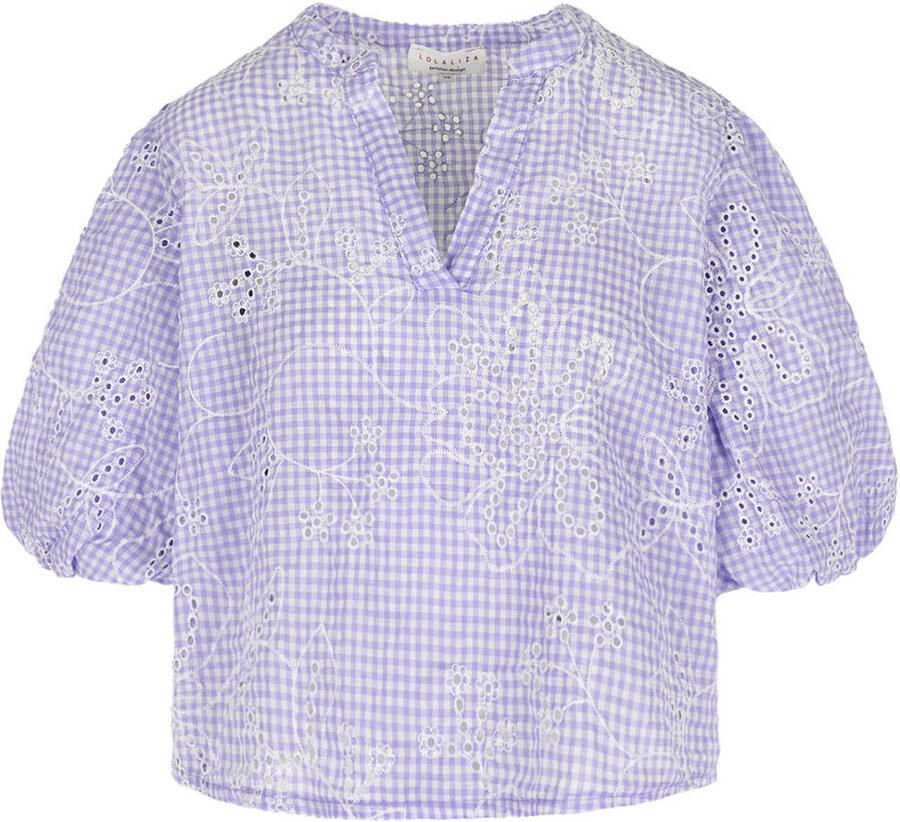 LOLALIZA gebloemde geruit top broderie lila - Foto 2