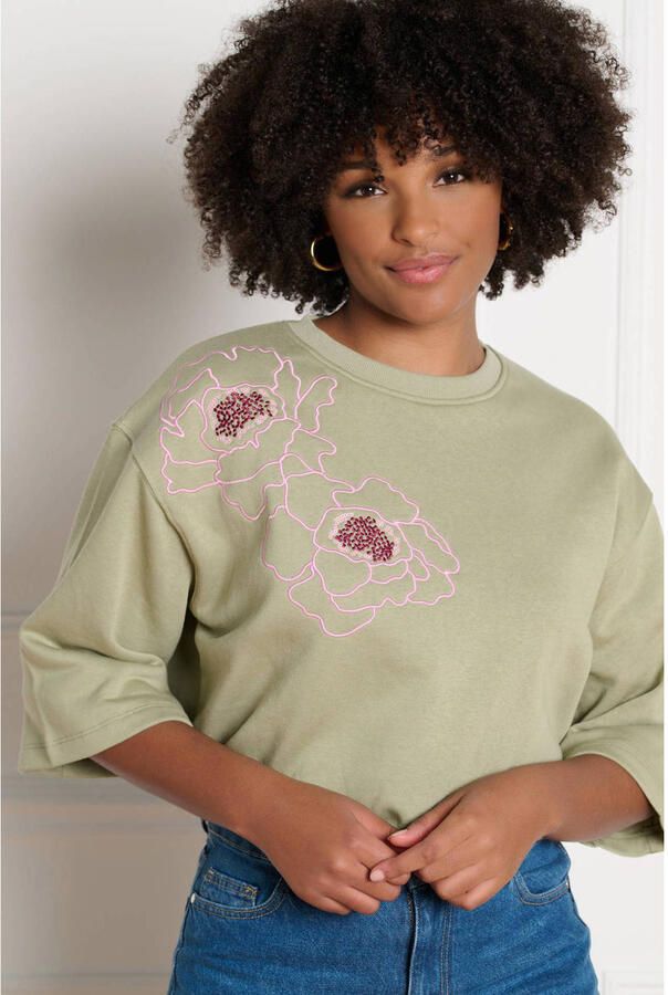 LOLALIZA gebloemde sweater lichtkaki - Foto 2