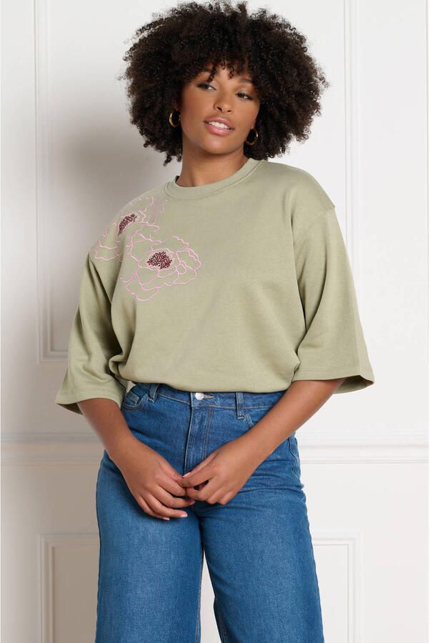 LOLALIZA gebloemde sweater lichtkaki - Foto 3