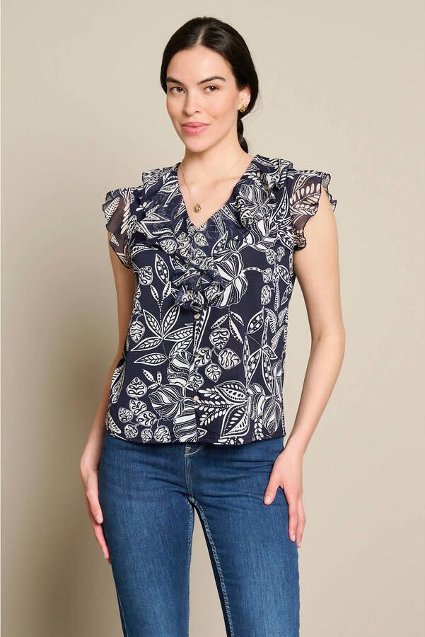 LOLALIZA gebloemde top met ruches donkerblauw