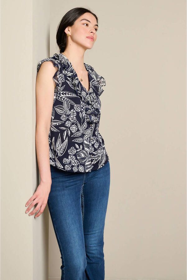 LOLALIZA gebloemde top met ruches donkerblauw - Foto 2