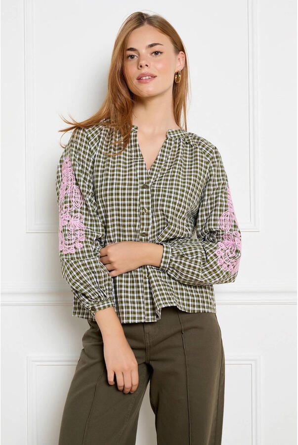 LOLALIZA geruite blouse met borduursels kaki