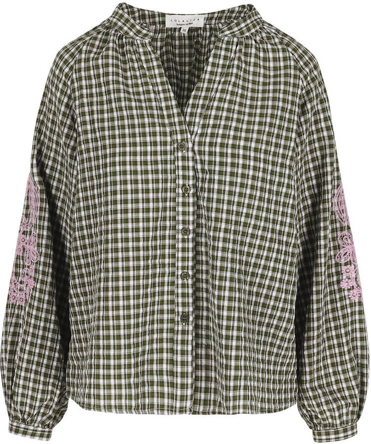 LOLALIZA geruite blouse met borduursels kaki - Foto 2