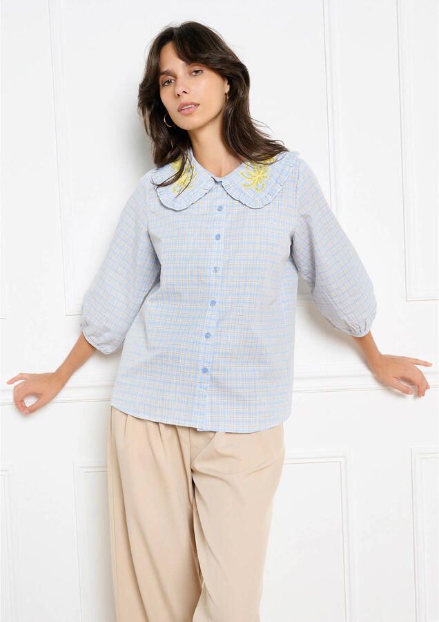 LOLALIZA geruite blouse met borduursels lichtblauw