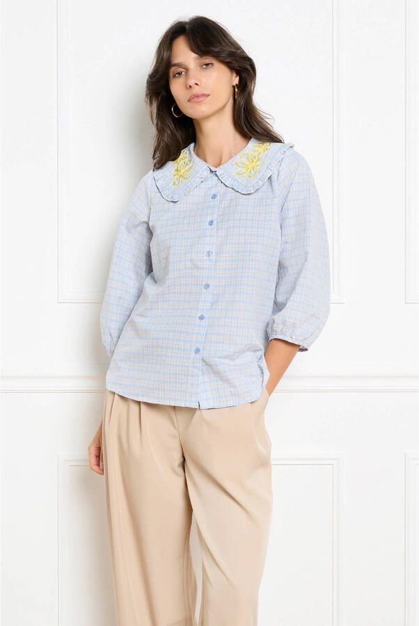 LOLALIZA geruite blouse met borduursels lichtblauw - Foto 3