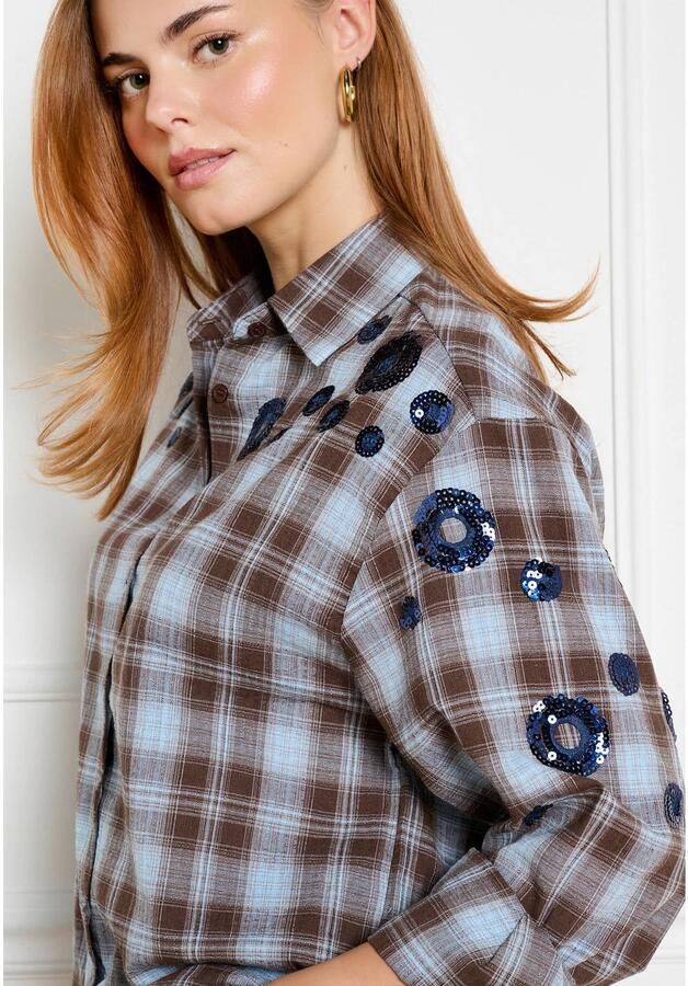 LOLALIZA geruite blouse met pailletten blauw bruin - Foto 2