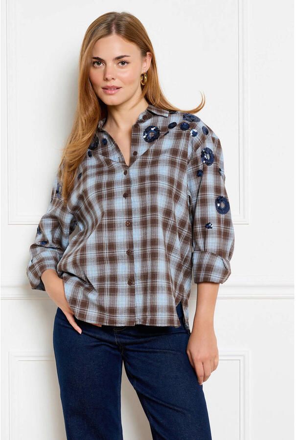 LOLALIZA geruite blouse met pailletten blauw bruin