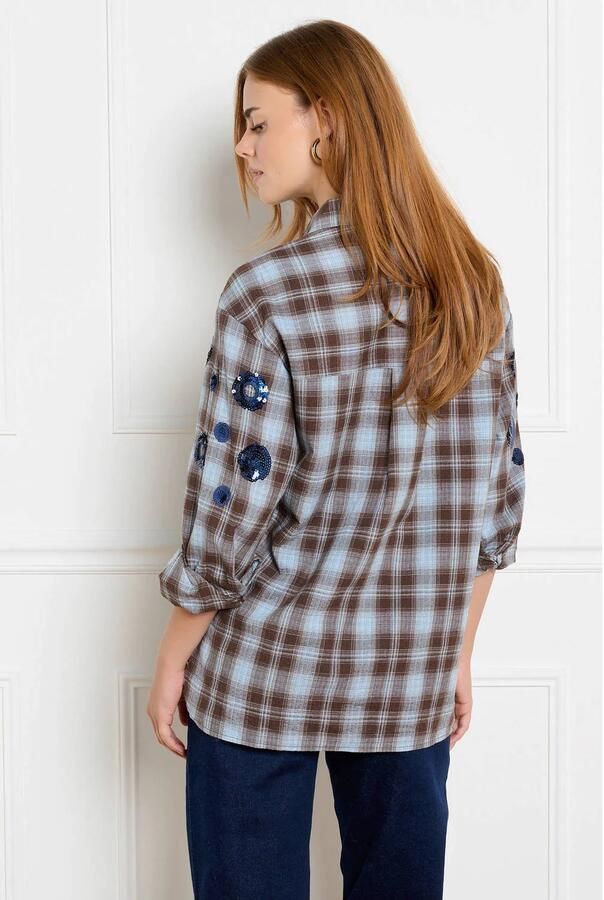 LOLALIZA geruite blouse met pailletten blauw bruin - Foto 3