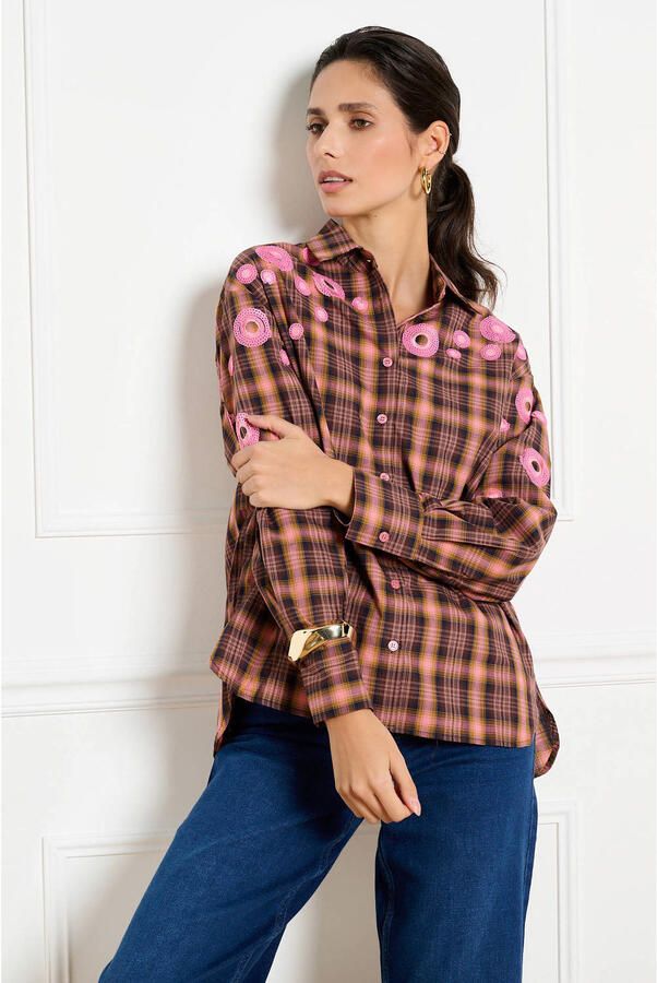 LOLALIZA geruite blouse met pailletten bruin roze