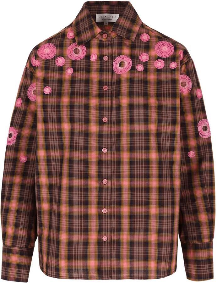 LOLALIZA geruite blouse met pailletten bruin roze - Foto 2