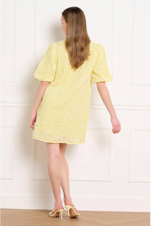 LOLALIZA geruite blousejurk broderie geel - Foto 3