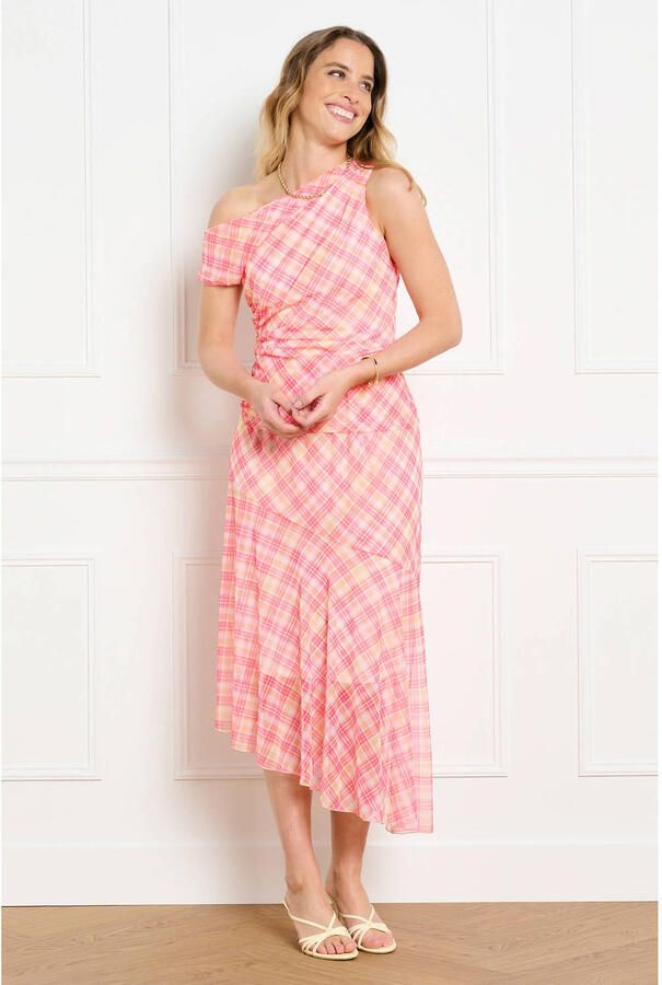 LOLALIZA geruite one shoulder jurk roze - Foto 2