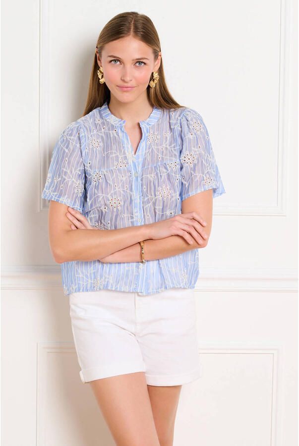LOLALIZA gestreepte blouse broderie lichtblauw
