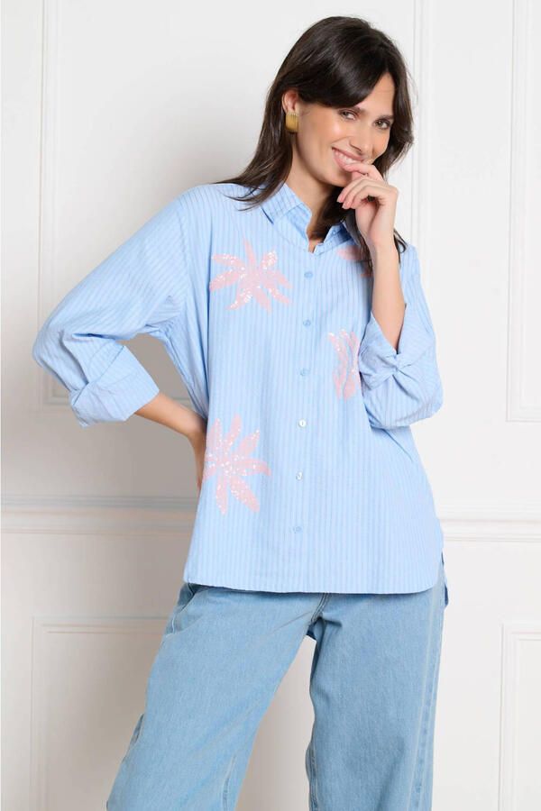 LOLALIZA gestreepte blouse lichtblauw met pailletten