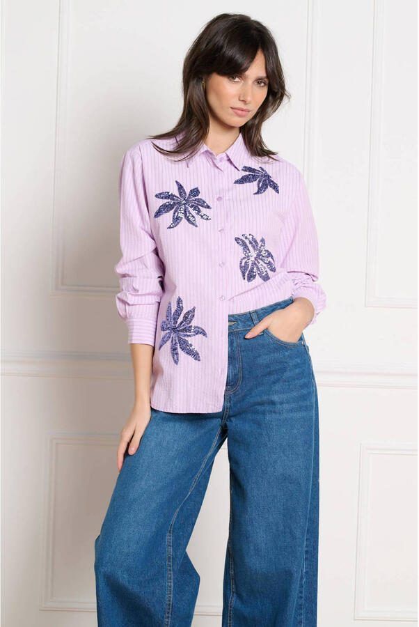 LOLALIZA gestreepte blouse lila met pailletten - Foto 3
