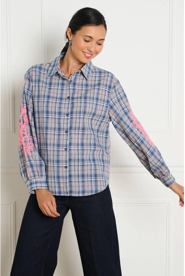 LOLALIZA gestreepte blouse met borduursels blauw roze