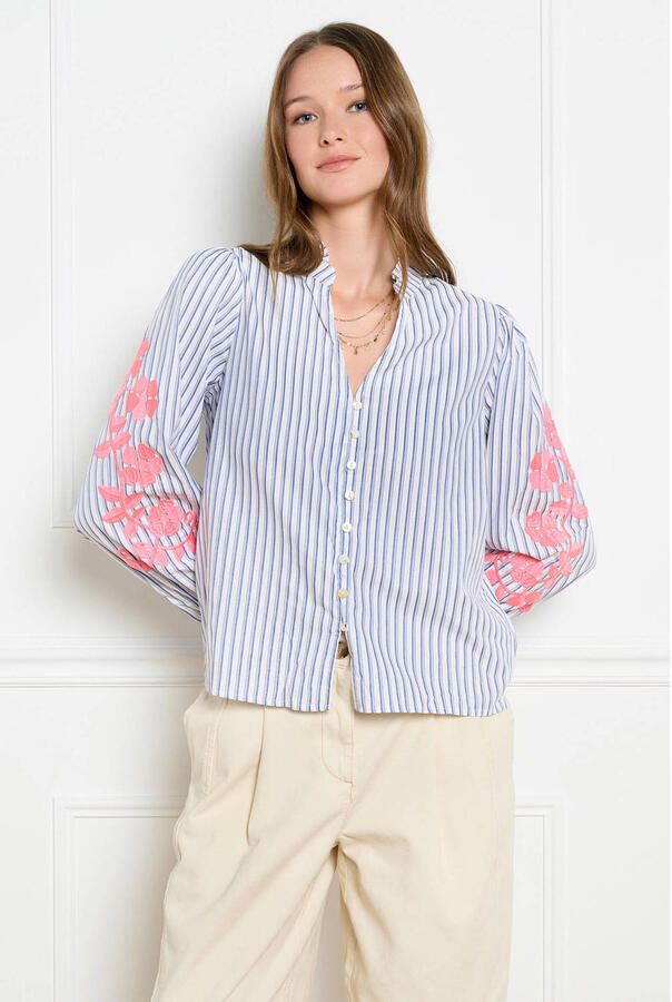 LOLALIZA gestreepte blouse met borduursels lichtblauw ecru roze
