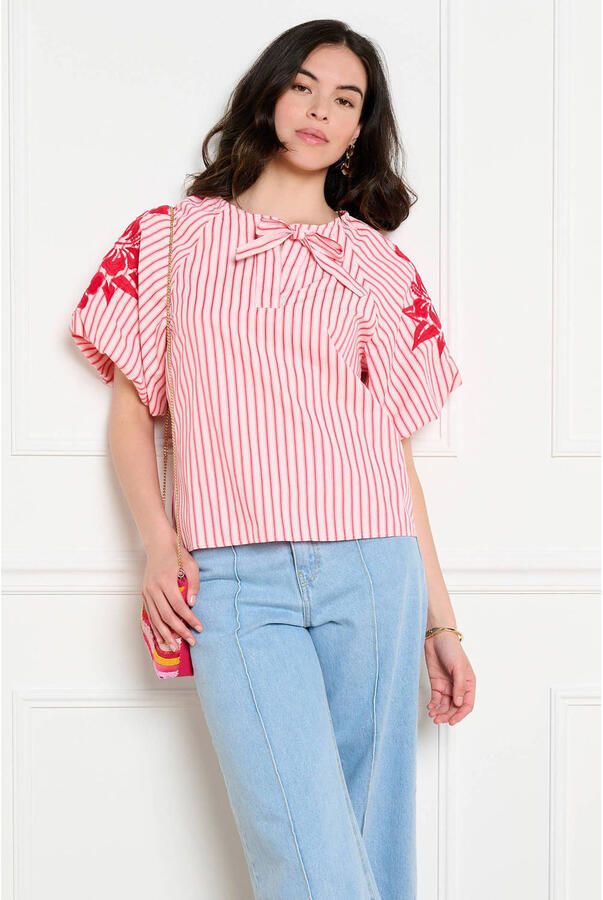 LOLALIZA gestreepte blouse met borduursels lichtroze