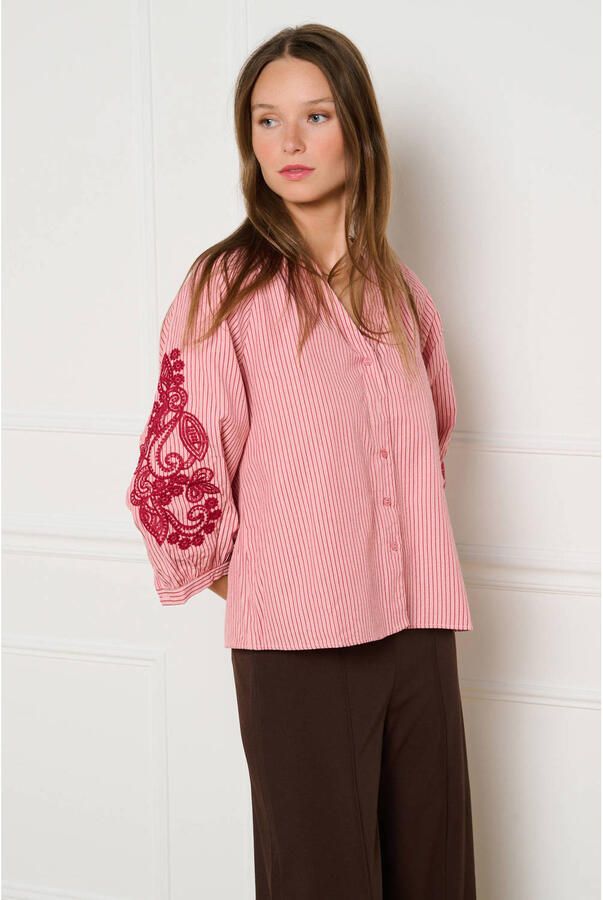 LOLALIZA gestreepte blouse met borduursels roze - Foto 3