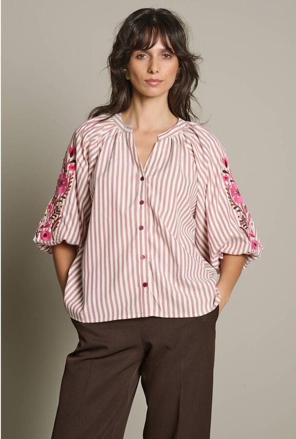 LOLALIZA gestreepte blouse met borduursels roze wit - Foto 1