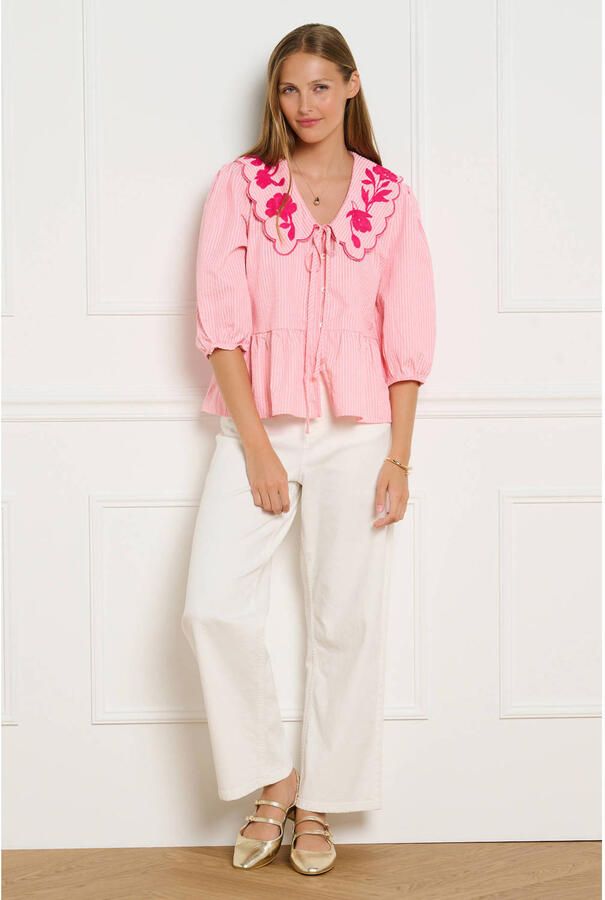 LOLALIZA gestreepte blouse met broderie roze - Foto 2