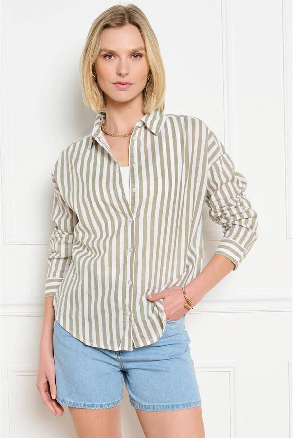 LOLALIZA gestreepte blouse met linnen lichtkaki