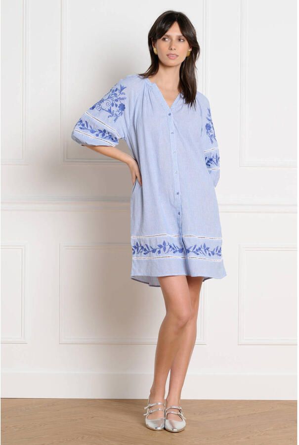 LOLALIZA gestreepte blousejurk broderie blauw - Foto 3